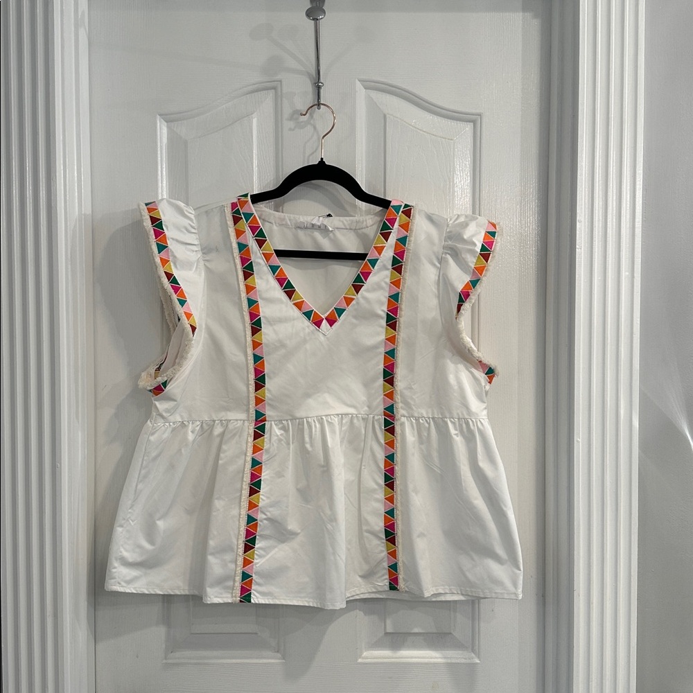 THML White Top with Colorful Geometric Trim